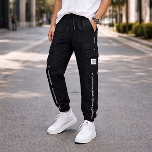 Black Cargo Jogger Pants with Branded Tape Detail